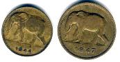 Belgian Congo 1 and 2 Franc coins picturing an elephant