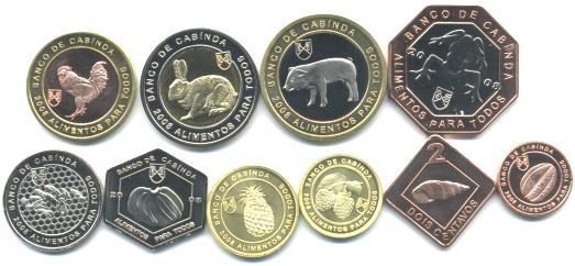 Obverses of 2008 Cabinda coinst Cabinda 2008 coins, includes bimetallics, odd-shapes, animals and fish