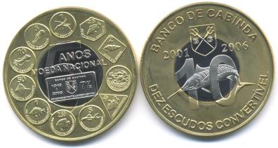 Cabinda 10 Escudo bi-metal coin picturing coins