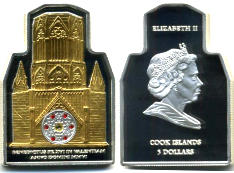 Odd-shaped jeweled gold on silver Cook Islands 5 dollar coin commemorates Pope Benedict XVI visit to Valencia, Spain