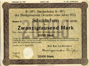 Dresden Germany 20000 Mark municipal bond of 1923