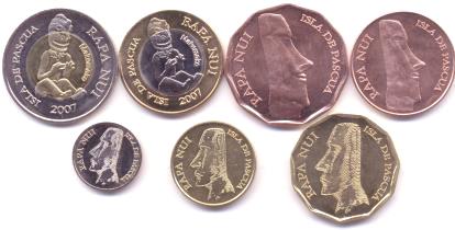 Easter Island 2007 coin set - Obverses Easter Island coins: 1 - 500 Pesos