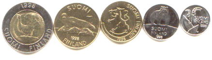 Finland 5 coin set: 10 Penni - 10 Markka Finland 5 coin set: 10 Penni - 10 Markka