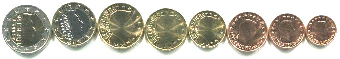 Luxembourg 8 coin Euro set: 1 eurocent - 2 Euros, 2002 Luxembourg 8 coin Euro set: 1 eurocent - 2 Euros, 2002