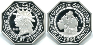 Marie-Galanate 750 Francs 2025 depicts Columbus' sailing ship Mariegalante Marie-Galanate 750 Francs 2025 depicts Columbus' sailing ship Mariegalante