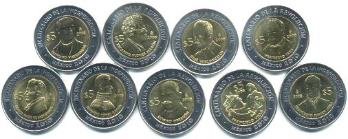 Mexico set of 9 different 5 Peso 2008 Independence and Revolution commemorative coins