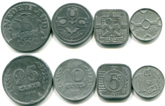 Nazi German occupied Netherlands 4 coin set: 1, 5, 10 & 25 Cents 1941-1944 Nazi German occupied Netherlands 4 coin set: 1, 5, 10 & 25 Cents 1941-1944