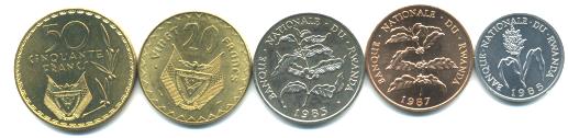 RWANDA 5 COIN SET 1 - 50 FRANCS, 1977-87