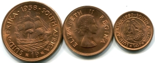 South Africa 3 coin set: Farthing, Half Penny & Penny, 1957-1960, KM44-46 South Africa 3 coin set: Farthing, Half Penny & Penny, 1957-1960, KM44-46