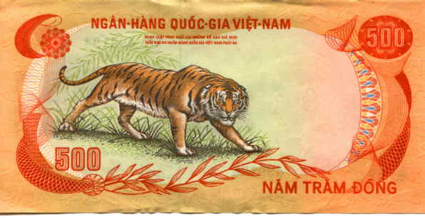 South Vietnam 500 Dong (Piastre) note picturing a tiger