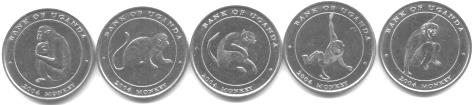 Set of 5 Uganda 100 Shilling 2004 Monkey coins
