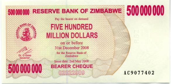 Zimbabwe $500,000,000 Banknote of May 2008